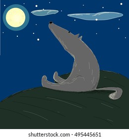 Gray wolf one night looking at the starry sky and the round moon. Picture a cartoon style vector 