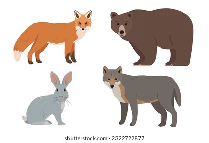 Gray wolf, red fox, brown bear and gray hare or rabbit. Wild forest animals. Animal icons isolated on white background. Vector illustration.