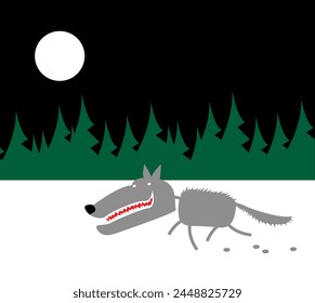 A gray wolf runs through a snow field at the edge of the forest. Cartoon character. Vector image for prints, poster and illustrations.