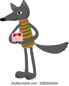 lobo gris parado y sosteniendo un regalo