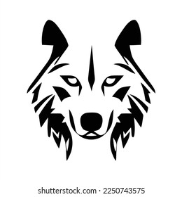 Diseño de mascota del logotipo vectorial de Lobo Gris. Diseño plano. Cabeza de lobo con un contorno negro sobre un fondo blanco, con un contorno negro en la parte delantera de la cabeza