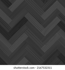 Gray wooden parquet, seamless herringbone pattern. Grayscale hardwood zigzag laminate floor. Wood grain texture in timber interior. Oak, walnut, pine, maple materials. Realistic vector illustration