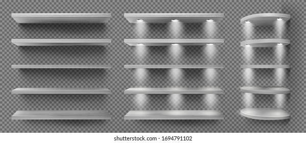 Gray wooden shelves with backlight, front and corner racks on transparent wall background. Empty clear illuminated ledges or bookshelves. Design element for room decoration, Realistic 3d vector