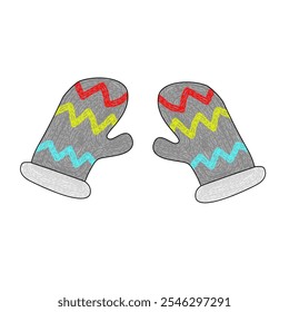 Gray wool mittens with three lines of different colors
