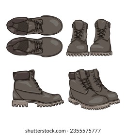 Graue Arbeitstiefel. Vektorset mit Illustrationen von Cartoon Shoes