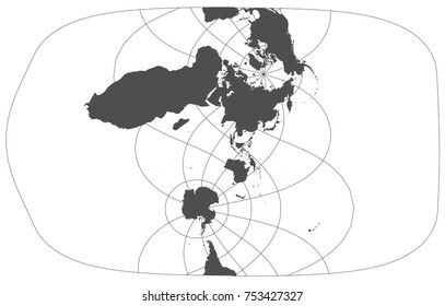 Gray world in different cartographic projections. 30 degrees grid of Meridians and parallels.