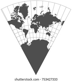 Gray world in different cartographic projections. 30 degrees grid of Meridians and parallels.