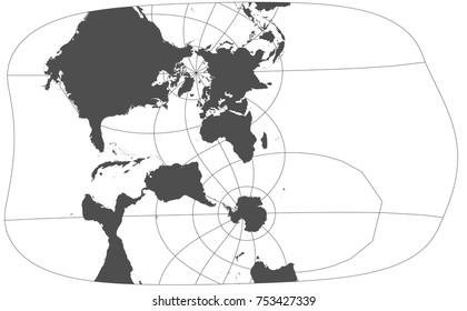 Gray world in different cartographic projections. 30 degrees grid of Meridians and parallels.