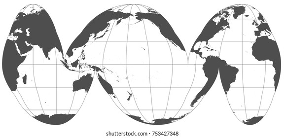 Gray world in different cartographic projections. 30 degrees grid of Meridians and parallels.