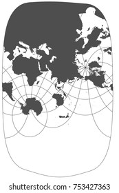 Gray world in different cartographic projections. 30 degrees grid of Meridians and parallels.