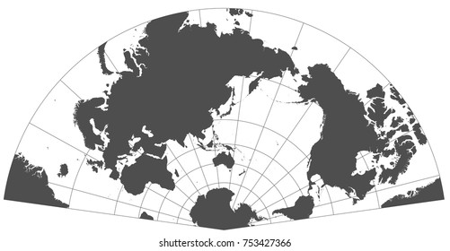 Gray world in different cartographic projections. 30 degrees grid of Meridians and parallels.