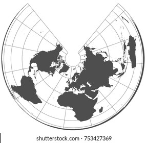 Gray world in different cartographic projections. 30 degrees grid of Meridians and parallels.