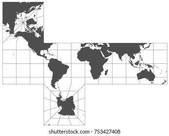 Gray world in different cartographic projections. 30 degrees grid of Meridians and parallels.