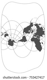 Gray world in different cartographic projections. 30 degrees grid of Meridians and parallels.