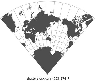 Gray world in different cartographic projections. 30 degrees grid of Meridians and parallels.
