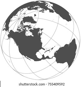 Gray world in different cartographic projections. 30 degrees grid of Meridians and parallels.