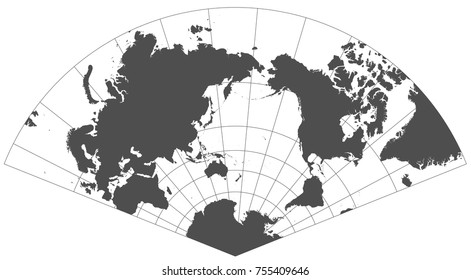 Gray world in different cartographic projections. 30 degrees grid of Meridians and parallels.