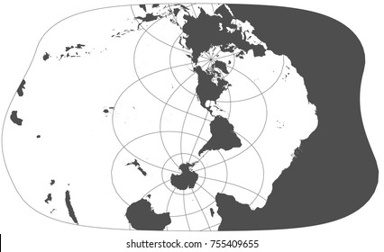 Gray world in different cartographic projections. 30 degrees grid of Meridians and parallels.