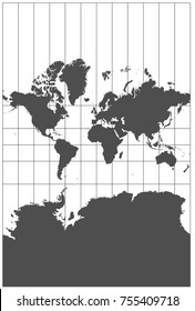 Gray world in different cartographic projections. 30 degrees grid of Meridians and parallels.