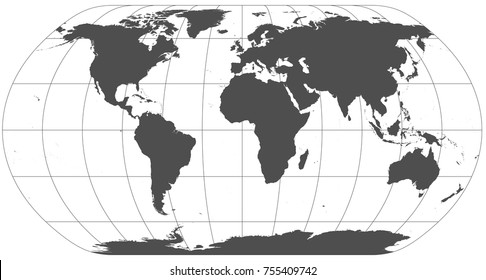 Gray world in different cartographic projections. 30 degrees grid of Meridians and parallels.