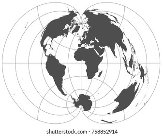 Gray world in different cartographic projections. 30 degrees grid of Meridians and parallels.