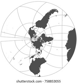 Gray world in different cartographic projections. 30 degrees grid of Meridians and parallels.