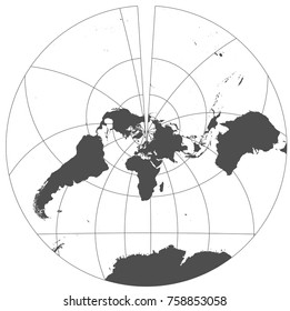 Gray world in different cartographic projections. 30 degrees grid of Meridians and parallels.