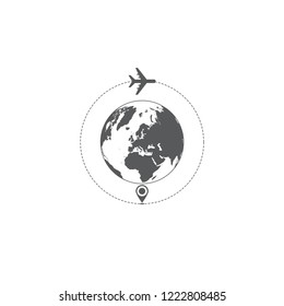 Gray world map and airplane silhouettes isolated on white background