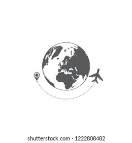 Gray world map and airplane travel silhouettes isolated on white background