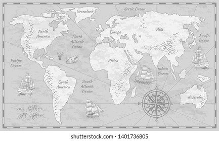 Gray world map. Earth antiquity paper map with continents ocean sea old sailing vector globe atlas background