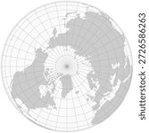 Gray world map with latitude and longitude grid lines in north pole polar projection view. 