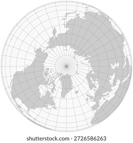 Graue Weltkarte mit Breiten- und Längenrasterlinien in Nordpol-Polarprojektionsansicht. 