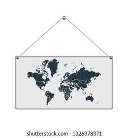 Gray world map on the hanging board. Vector White Background. Vector illustration eps10.