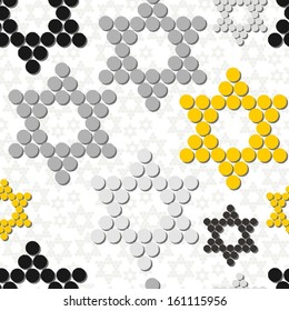 Gray yellow black white dotted stars winter holidays seamless pattern on white background