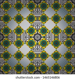 Gray, yellow and blue flower kaleidoscope seamless pattern. Abstract kaleidoscope with Star of Judah David, floral spiral effect and geometrical ornament. Vector abstract background.