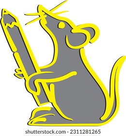 Gray and yellow cartoon mouse holding a big pencil looking upwards like drawing or writing something