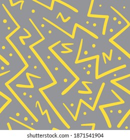 Gray and yellow chaotic zig zag with dots seamless pattern. Abstract fashion trendy colors vector texture with hand drawn zigzag lines for textile, wrapping paper, surface, background