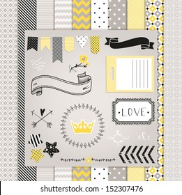 Gray and Yellow Design Elements:  pattern, frames, ribbon, tag, star, flag and seamless backgrounds. For design  or scrap booking.