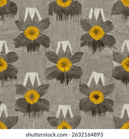 Impressão de tecido cinza e amarelo com flores brancas, padrão de ikat de linhas grunge, padrão listrado sem emenda, fundo de ilustração Vetor para imprimir o papel.