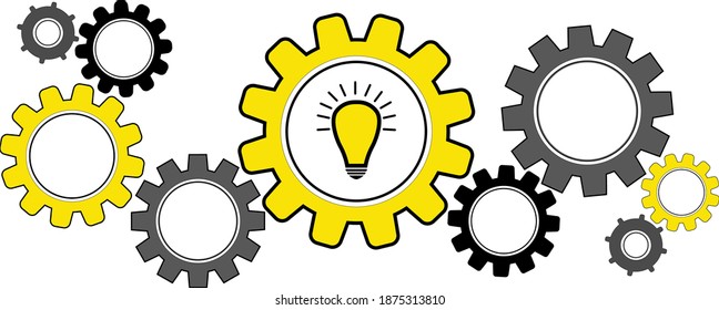 gray yellow gears with light bulb is a symbol of a new idea and discovery. Vector graphics