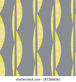Gray yellow mono print style tribal foliage seamless vector pattern background. Simple lino cut effect horizontal rows of offset textured leaves. Abstract repeat backdrop. Geometric all over print.