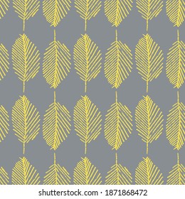 Gray yellow mono print style leaves seamless vector pattern background. Backdrop vertical rows of simple lino cut effect foliage. Organic at home hand crafted design concept. Geometric all over print.