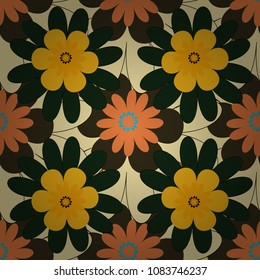 Gray, yellow and orange spring flowers. Greeting card. Floral card. Floral wall art painting for home. Vector abstract flowers. Floral seamless pattern. Wedding invitation template.
