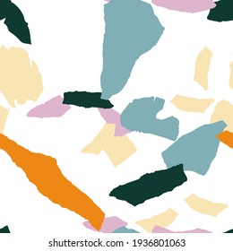 Gray and Yellow and Red Terrazzo Tile Vector Seamless Pattern. Terazzo Terrazzo Wall Wallpaper. Bright Pebble Backdrop.