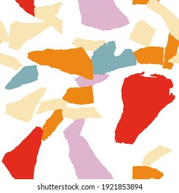 Gray and Yellow and Red Terrazzo Wall Vector Seamless Pattern. Repeat Terrazzo Tile Background. Peach and Orange Ceramic Postcard.