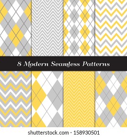 Gray, Yellow and White Argyle and Chevron  Patterns. Light Background in Pastel Colors. Pattern Swatches included and made with Global Colors.