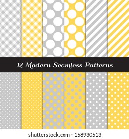 Gray, Yellow and White Jumbo Polka Dots, Gingham and Stripes  Patterns. Blog Background in Pastel Colors. Pattern Swatches included and made with Global Colors.