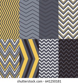 Gray, Yellow and White Thick and Thin Chevron Patterns. Blog Background in Pastel Colors. Pattern Swatches included and made with Global Colors.