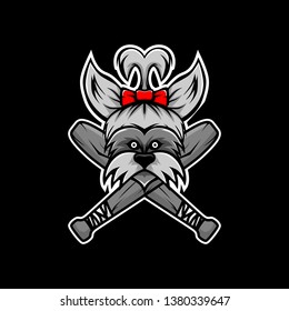 Gray Yorksire terrier with baseball bat logo. 