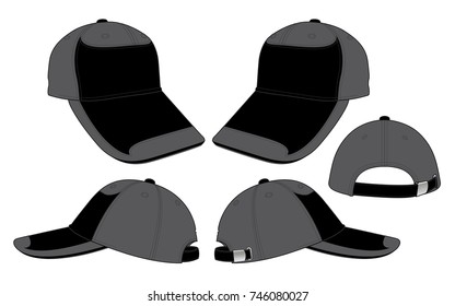 Gray-black baseball cap with metal buckle strap on white background, vector file.